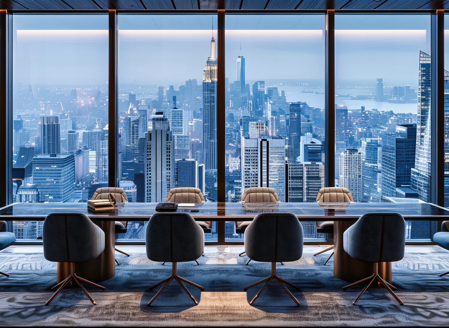 High-Rise Corporate Office with Panoramic View of the City at Night, Modern Interior Design with Sleek Furniture